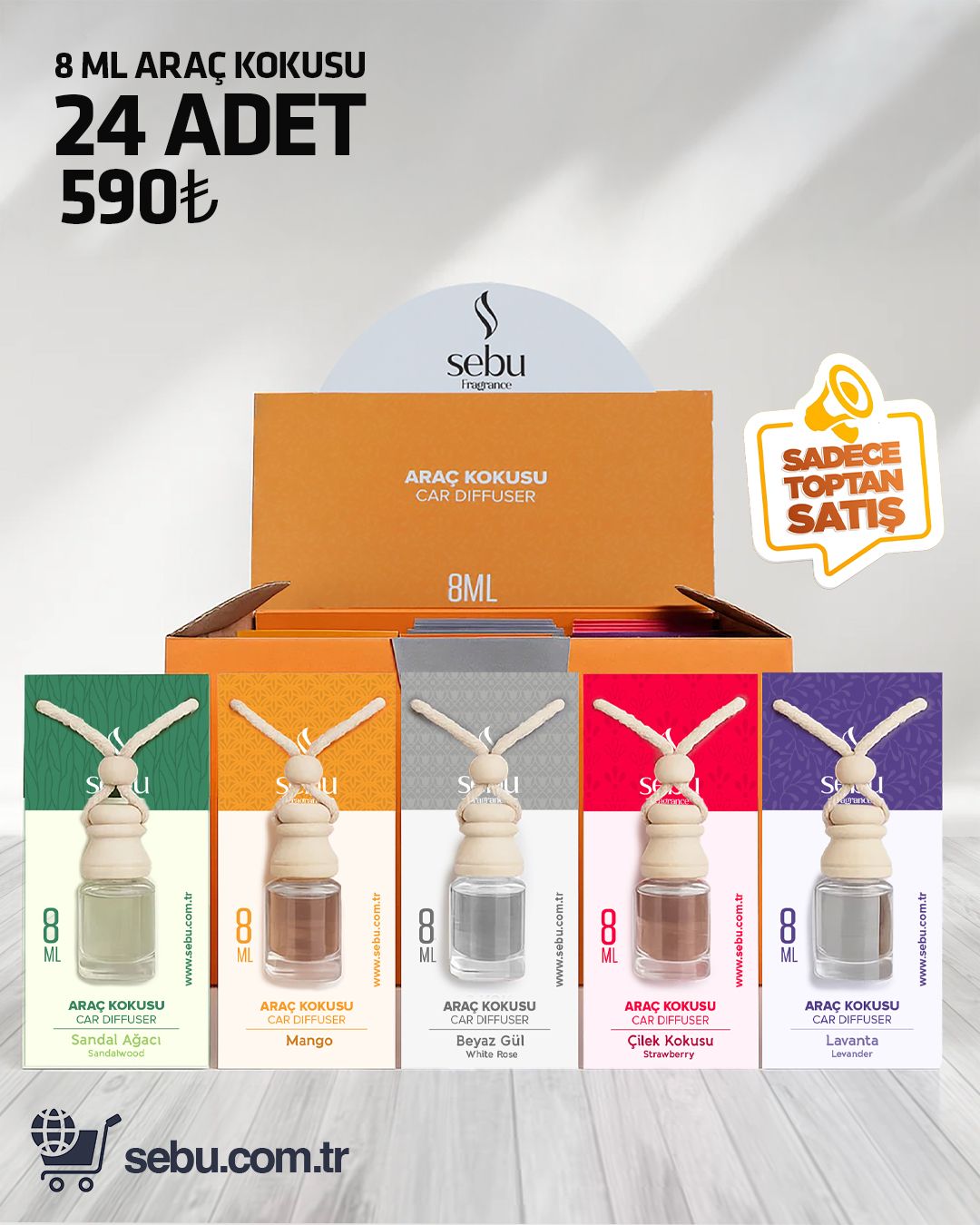 Sebu Fragrance 8 ml Araç Kokusu – 24’lü Toptan Set (Sandal Ağacı, Mango, Beyaz Gül, Çilek, Lavanta)